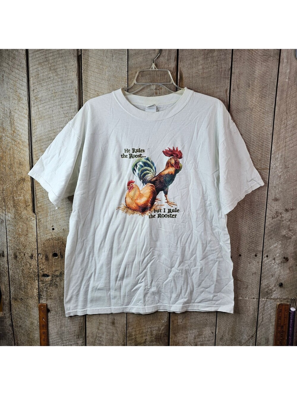 Anvil He Rules The Roost But I Rule The Rooster T-Shirt White Large Funny Farm